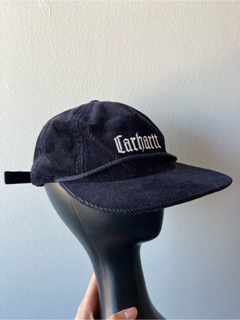 Carhartt WIP Letterman Cap Navy Corduroy Strapback Hat with White Logo